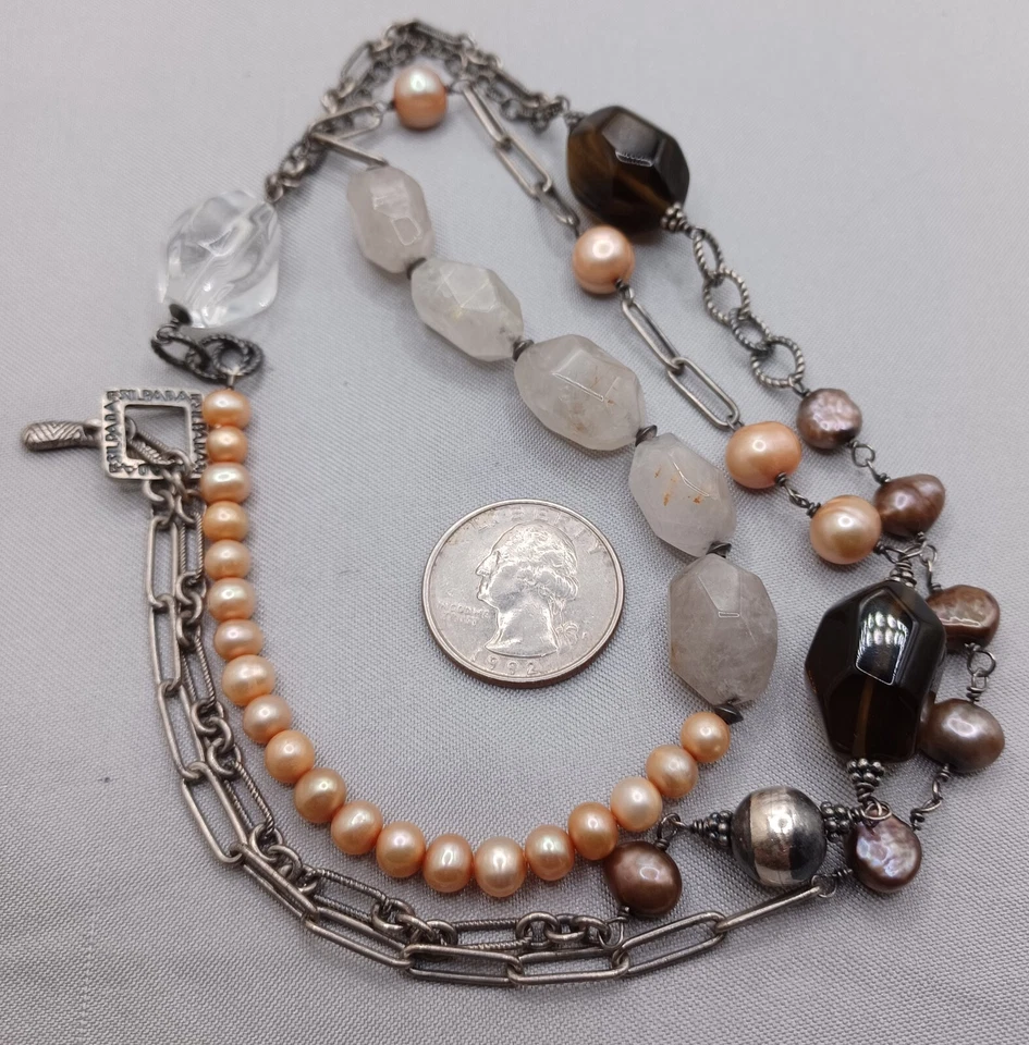 Collar largo de piedras preciosas Silpada bronce y perlas de champán, cuarzo plata de ley Foto 4 de 4