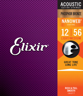 Elixir  16077 Phosphor Bronze Acoustic Strings w NANOWEB  Coating, Light/Medium