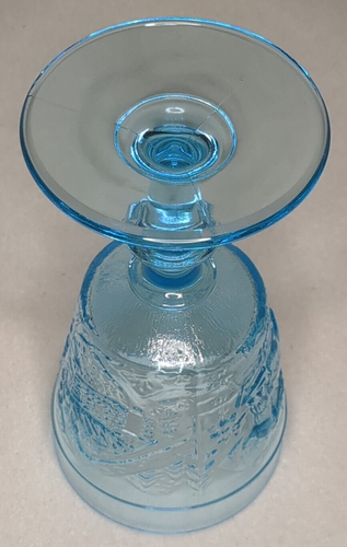 Vintage Aqua/Blue Westward Ho Pressed Glass Water Goblet Bison Deer Cabin - Picture 4 of 5