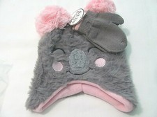 NEW TODDLER GIRL'S KOALA GRAY AND PINK TRAPPER HAT  MITTEN SET