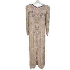 Vintage 80's Maxi Gown Dress Pink Silk Floral Sequin Beaded Long Sleeve Size S