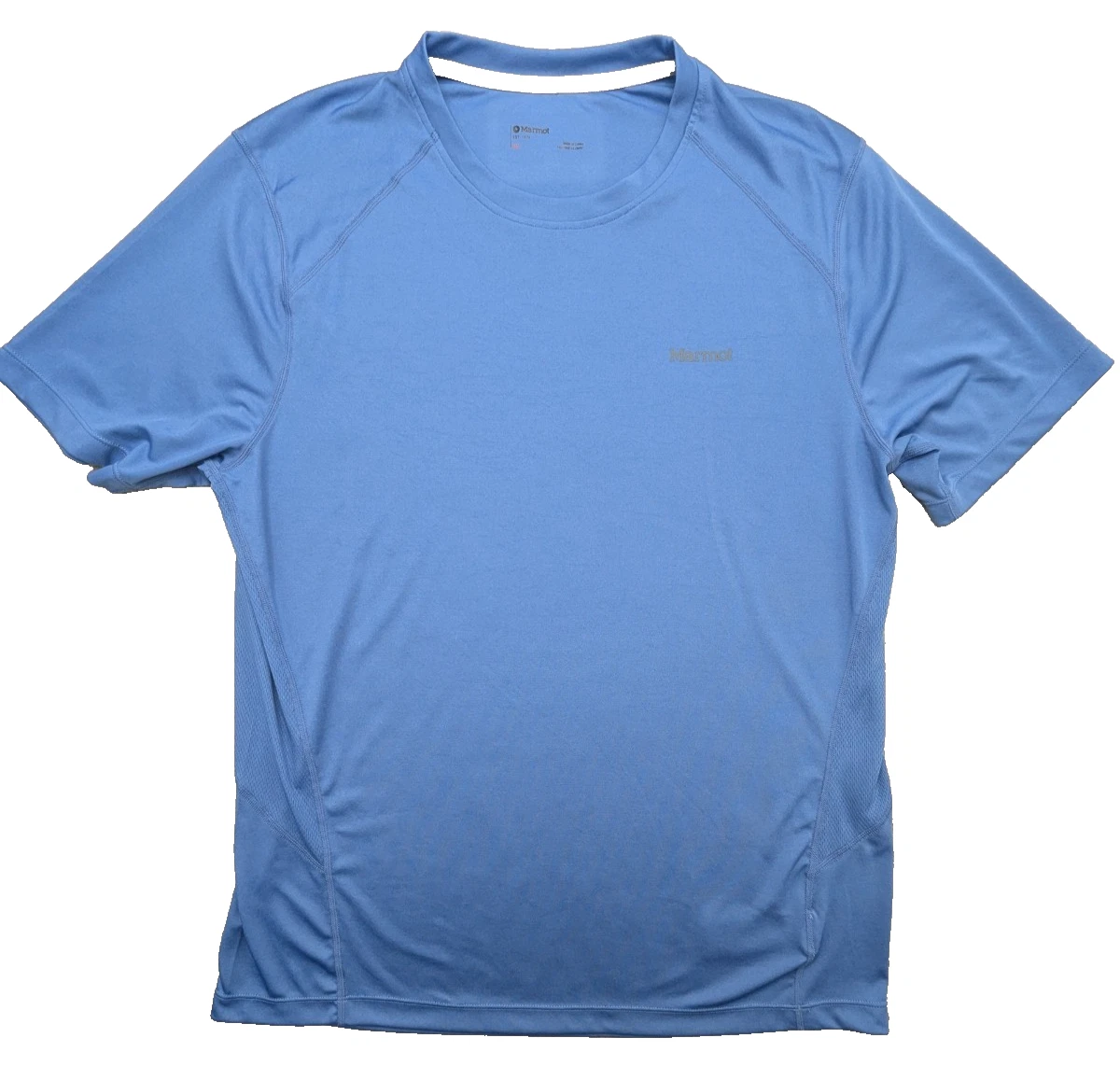 Marmot T-Shirt Mens Large Blue Performance SS Hiking Wicking Lightweight Logos