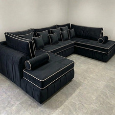 Lilly U-Shape Double Chaise Corner Sofa Black Plush Velvet Custom Fabric Sizes