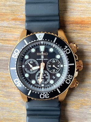 Seiko SSC618J1 Men's Solar Chronograph Watch Black Dial 43mm Gold Steel Rubber