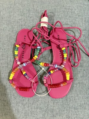 Katy Perry Beaded Tie Lace-Up Strappy Flat Sandal Pink Multi Women 5/35 M KP2202