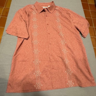 Cafe Luna Mens Large Terracotta Red Embroidered Short Sleeve Button Down Shirt