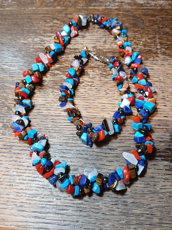 Vtg Gemstone Chip Cha Cha Necklace+Matching Bracelet Lapis Coral Tiger's Eye Set