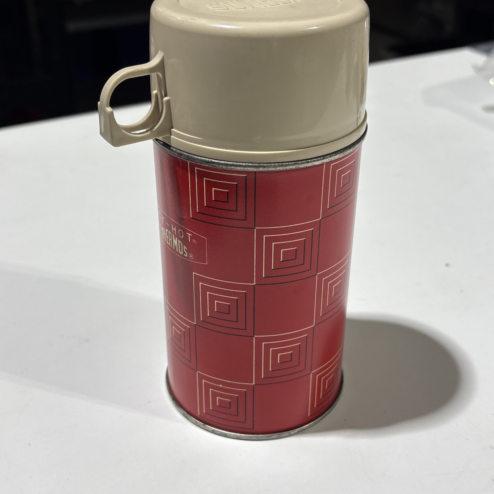 Brand Red Checkered Vacuum Sealed Metal Thermos W/ Lid 8 Oz Size
