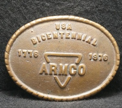 XF15166 VINTAGE 1976 *ARMCO STEEL BICENTENNIAL* COMMEMORATIVE BRASS BELT BUCKLE