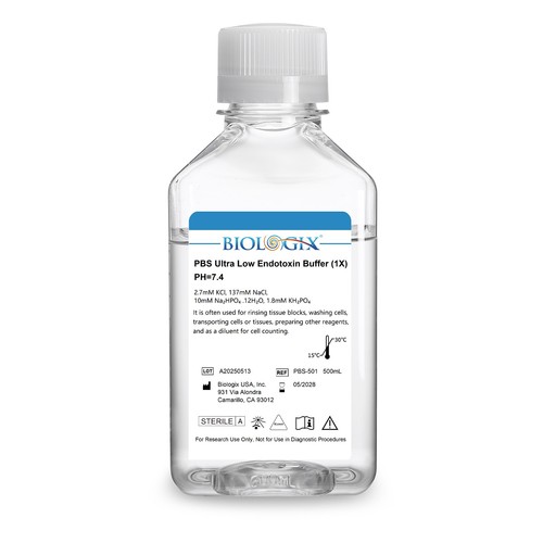 Biologix® PBS Buffer (1×), Ultra -Low Endotoxin, 500mL/Bottle, 10 Bottles/Case - Picture 8 of 9