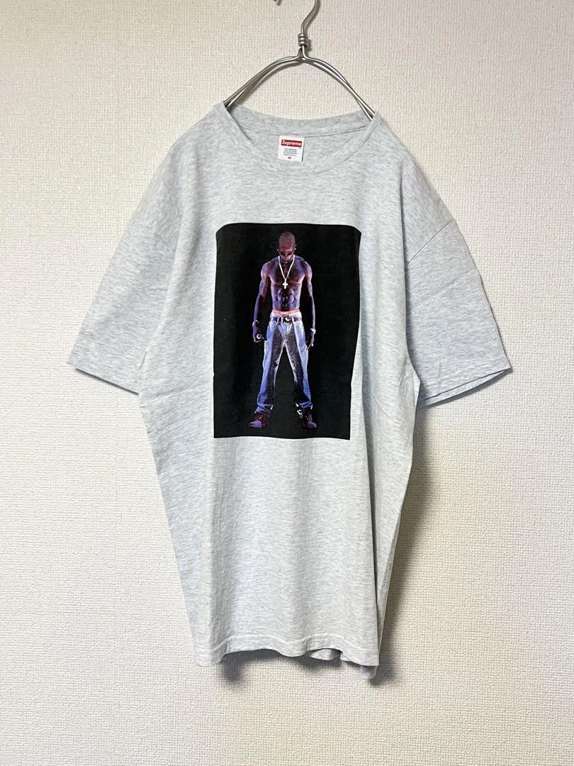 T shirt Supreme pour hommes M Tupac hologramme fabriqué aux États Unis gris bruyère chemise streetwear emblématique