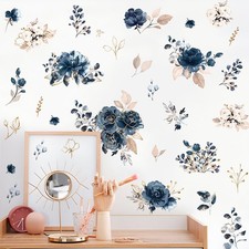 Blue Peony Flower Wall Decals Peel and Stick Rose Leaf Botanical Wall Sticker...