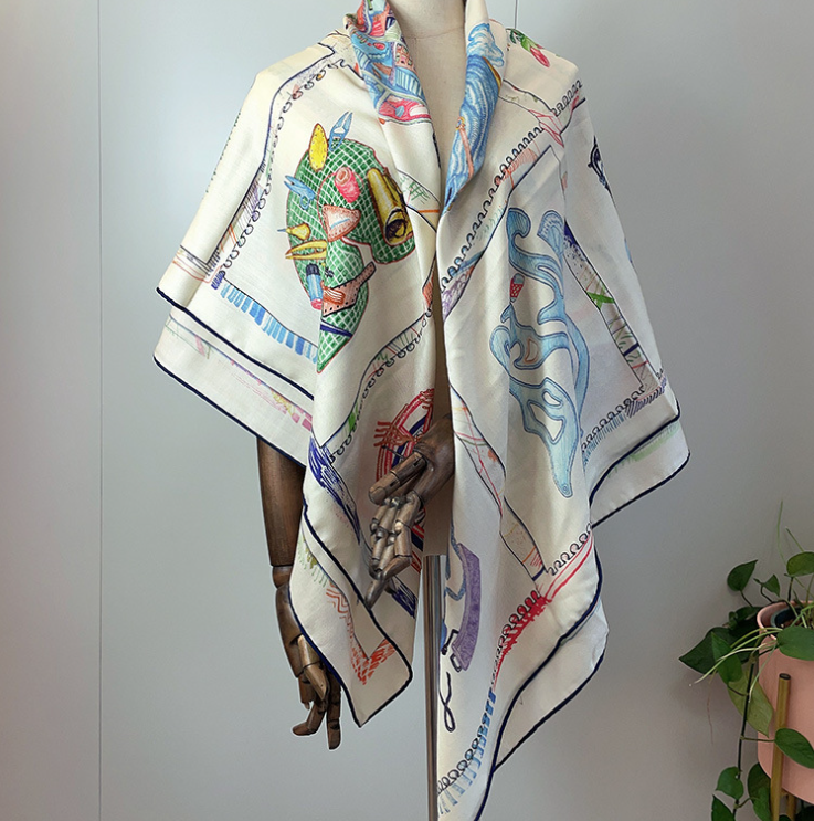 70%Cashmere 30% Silk Neckerchief Scarf Shape Bandana fruit Print Shawl wrap 51''
