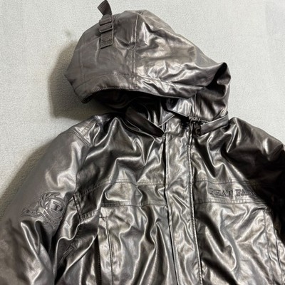 Phat Farm Black Leather Jacket Men's Large Heavyweight Hooded VTG