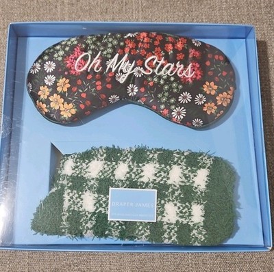 Draper James Eye Mask & Cozy Socks Set Floral Checkered Embroidered Green