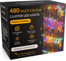 480 LED Cluster Christmas Tree Lights, Multi-Coloured Fairy Lights with Timer, 8