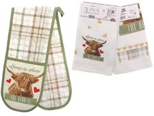 Highland Cow Double Oven Gloves Pot Holder + 3 Kitchen Tea Towels Green Brown