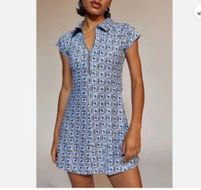 Urban Outfitters Blue Retro Arlo Geometric Print Collared Zip Up Mini Dress S