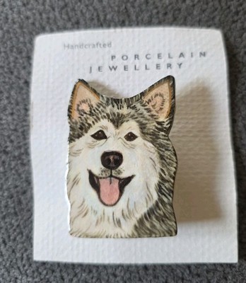 Alaskan Malamute Porcelain Brooch Pin Handcrafted