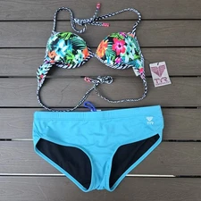 TYR Floral Take A Trip Push Up Bra & Solid Blue Hipkini Set SZ M NEW Sample