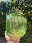 Vintage Anchor Hocking Hoosier Ribbed Green Uranium Glass Cookie Jar w/ Lid