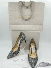 JIMMY CHOO Romy 85 Glitter Electric EU Size 38 US Size 8 Blue Silver Women Pumps