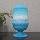 Vintage Fenton Light Blue Milk Glass Diamond Point Fairy Lamp 2 Piece