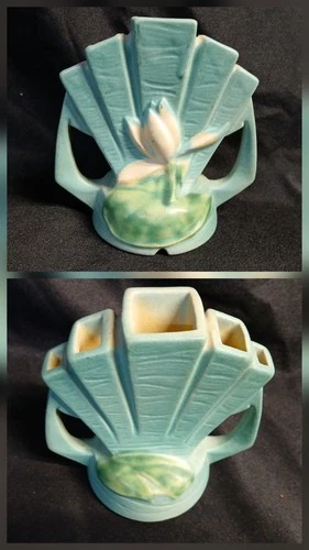 Vintage Roseville Pottery Water Lily Flower Frog Or Finger Vase #48 USA Blue