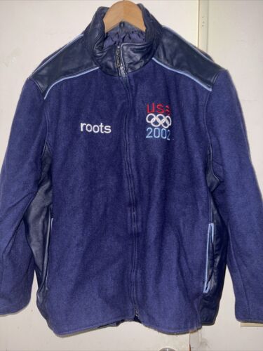 Roots 2002 Olympics USA Jacket Men's Size XXL Blue Wool Leather Embroidered Flag - Picture 1 of 11
