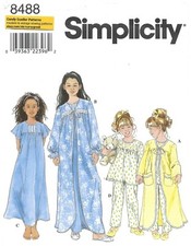 Simplicity 8488 V-Neck Robe w Ribbon Ties, Nightgown, Pajamas Sz 7-12 UNCUT OOP