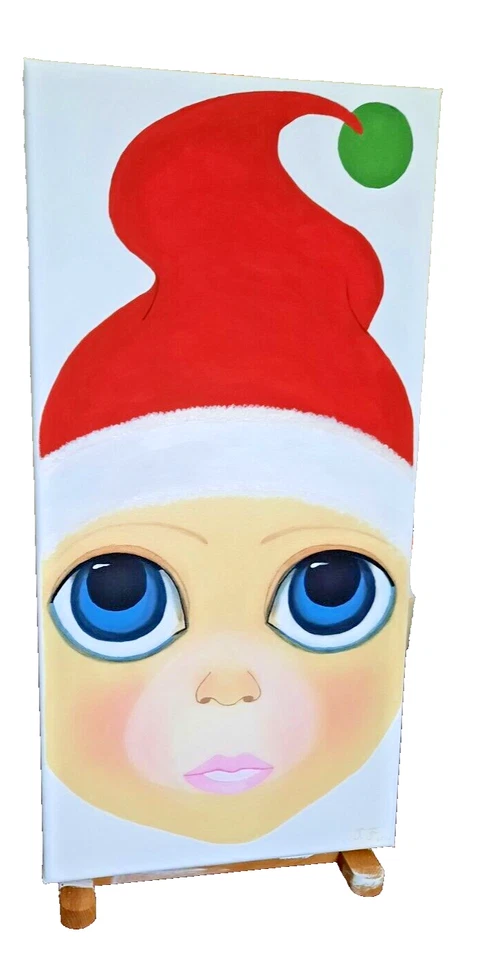 Lindo elfo inspirado en Margaret Keane ojos azules grandes pintura única decoración de pared Foto 3 de 4