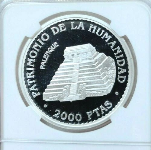 1996 SPAIN SILVER 2000 PESETAS PALENQUE MEXICO NGC PF 69 ULTRA CAMEO TOP POP