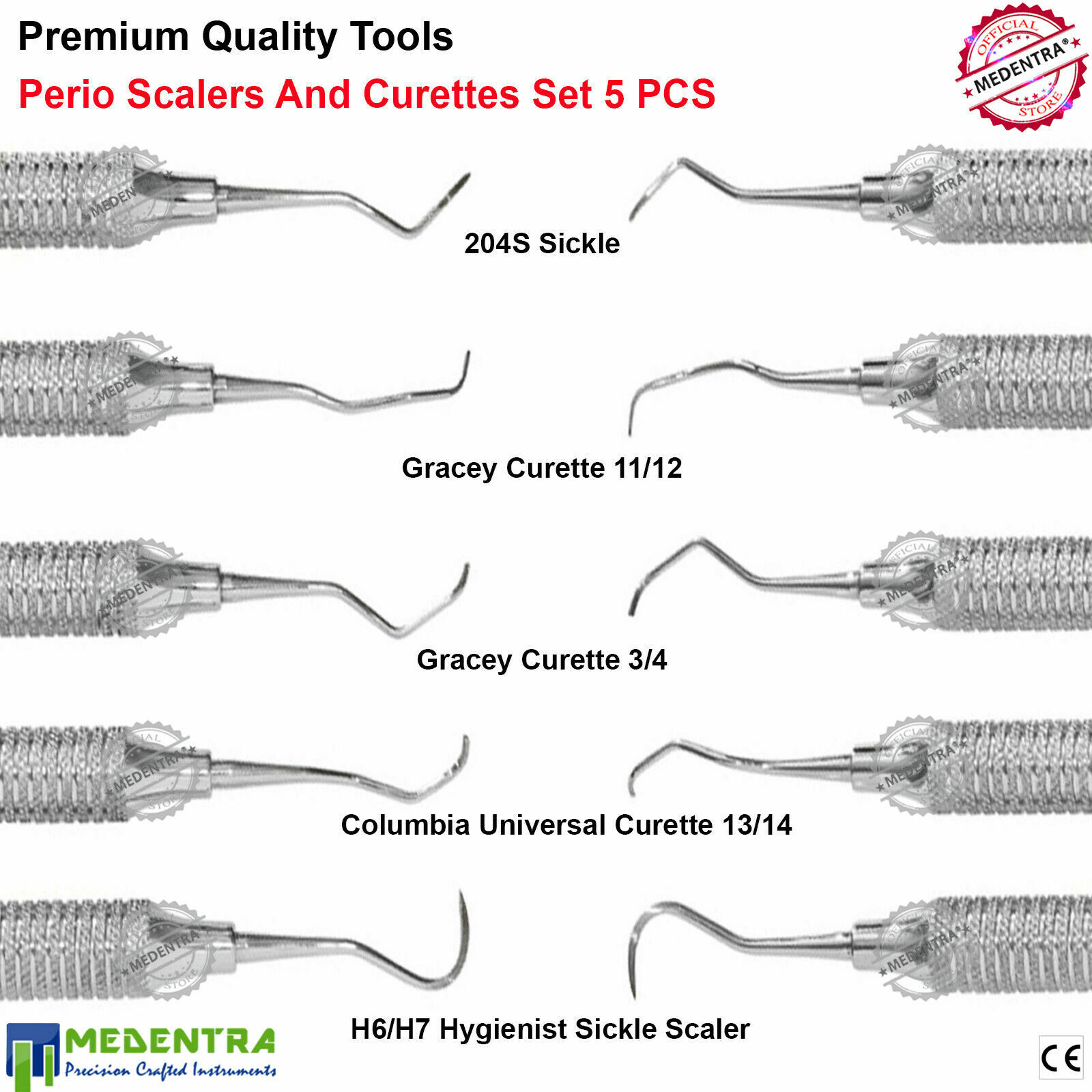 Periodontal 5PCS Sickle Scalers Gracey Curettes Set Root Canal Calculus
