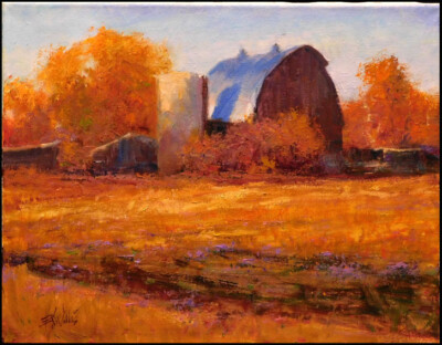 Erick Wallis Original Oil on canvas ''Fall,Silo Barn''Hand Signed stretched canvas