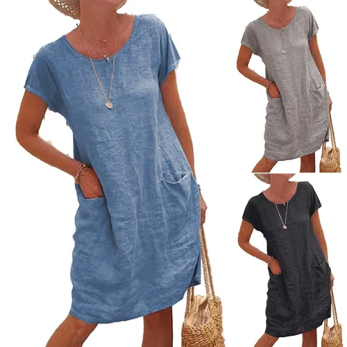 Sommer Damen Baumwolle Leinen Midikleid Damen lässig locker Pullover Tasche Kleid - Bild 4 von 17