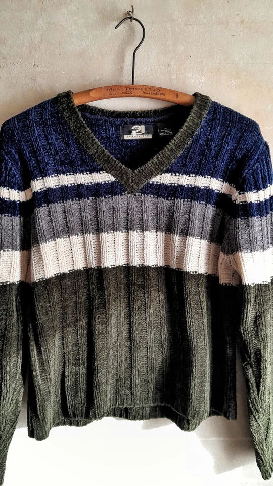 Suéter de terciopelo a rayas vintage verde oscuro y azul - M Foto 2 de 2