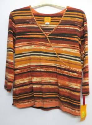 NWT Ruby Rd. Shirt Women XL Orange Brown Multicolor Striped 3/4 Sleeve Embellish