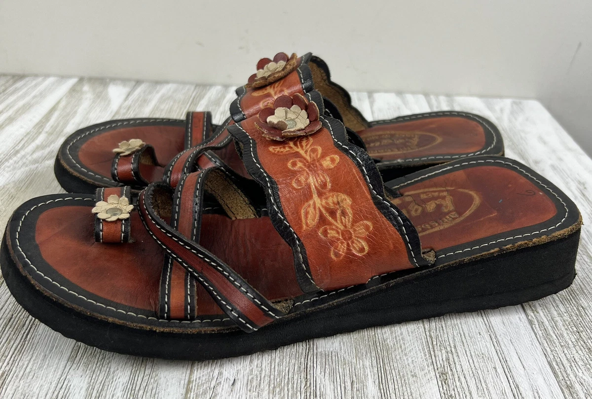 RAGUER Artesians Brown Leather Floral Thong Sandals US 9 Boho Hippie
