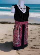 Dress Barn Shift Dress 16 Black Pink Paisley Ruffled Neckline Sleeveless Artsy 