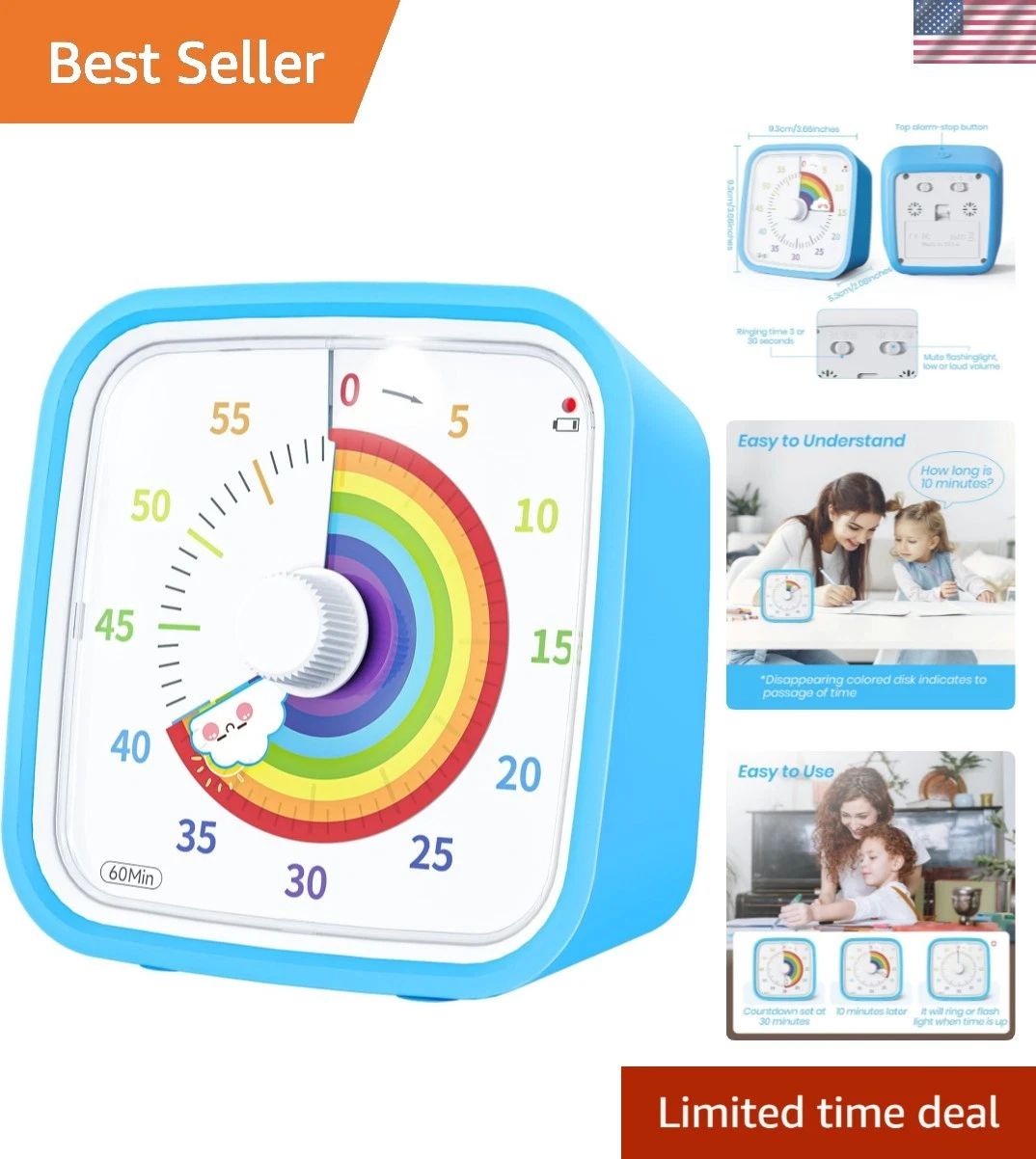 Visual Timer with Protective Case, Rainbow Disk 60 Minute Countdown Timer for...