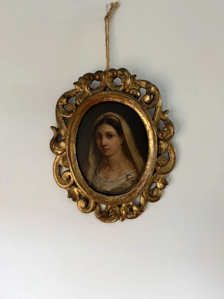 "La mujer del velo" — Después de Rafael — óleo sobre tabla retrato antiguo" Foto 2 de 3