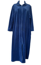 Vintage Norm Thompson Robe Petite Large Blue Velour Housecoat Zip Cottagecore