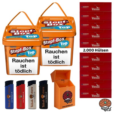 Fargo Stopf-Box 2x 420g Volumentabak/Stopftabak, Winston Hülsen, Zubehör