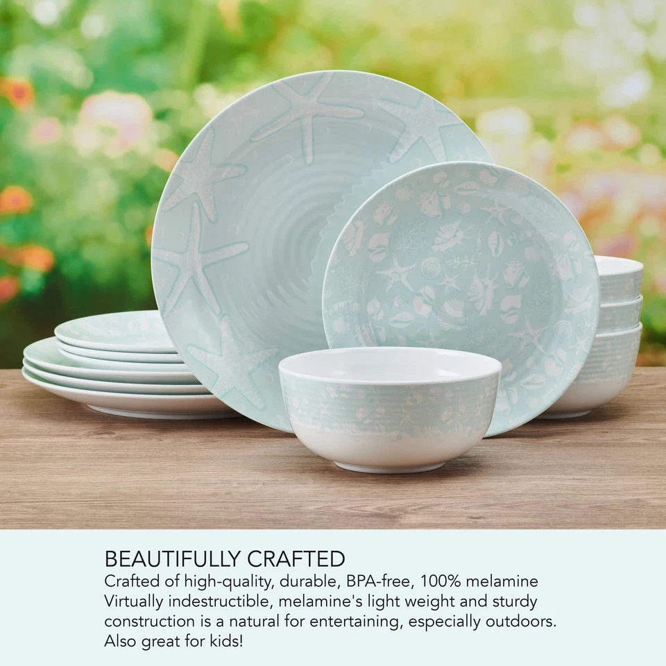 Venice 12 Piece Outdoor Melamine Dinnerware Set, Service for 4,Teal - Image 4 of 4