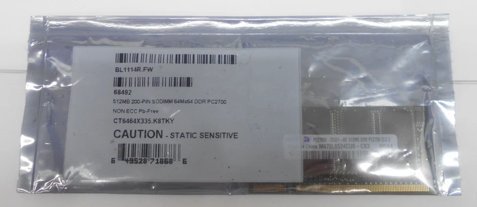 Crucial CT6464X335.K8TKY Memory Module 512MB 200-PIN SODIMM 64Mx64 DDR PC2700 - Image 2 of 3