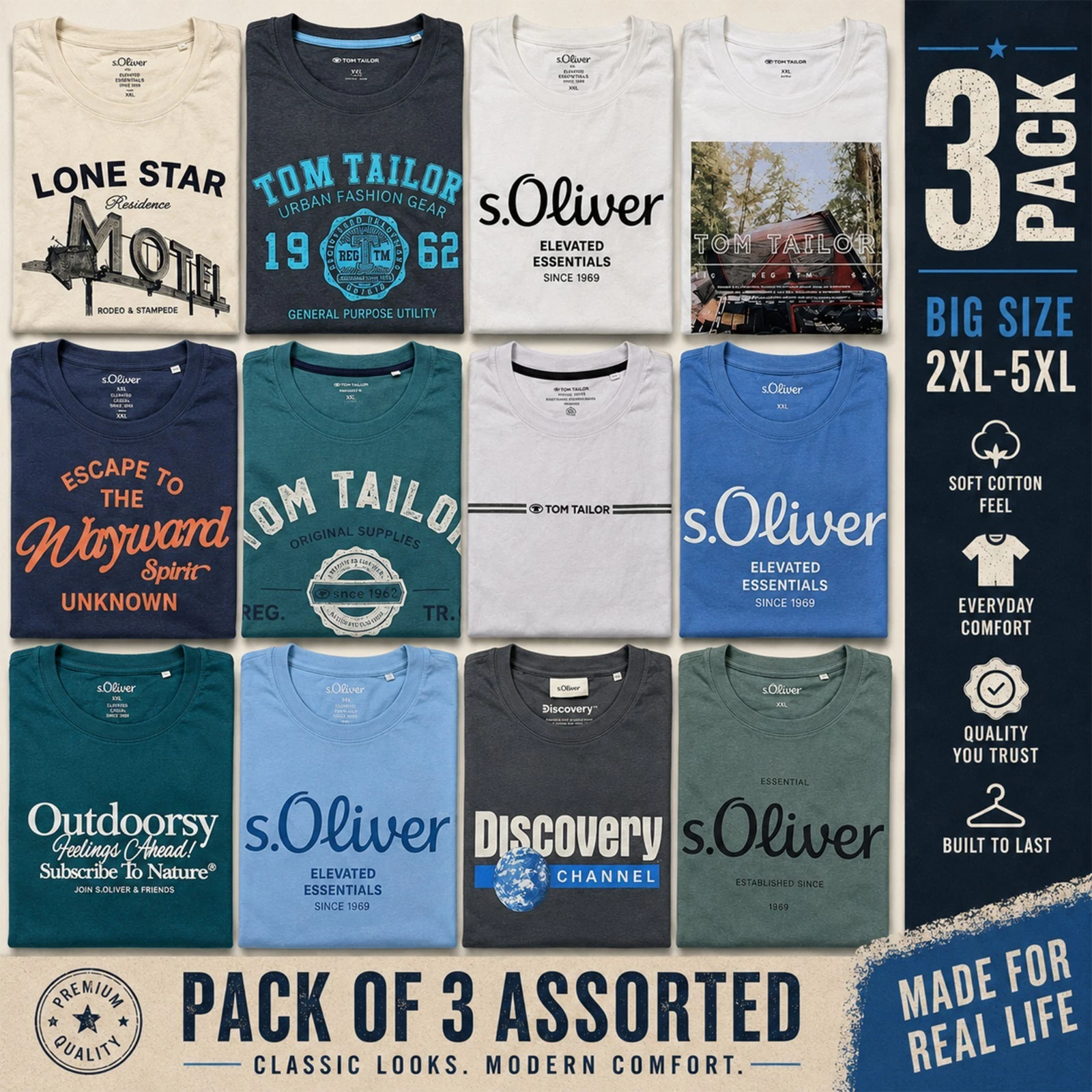 Mens Big Size Printed T-Shirts Pack of 3 Assorted Brand 100% Cotton Top 2XL-5XL
Opens in a new windo
