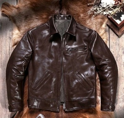 Men Veg tanned Cowhide Leather Vintage Style American Casual Retro Biker Jacket