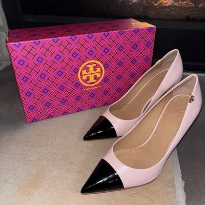 Tory Burch Penelope 85MM Cap-Toe Pump Sea Shell Pink And Perfect Black Sz 8 NEW - Image 1 of 4