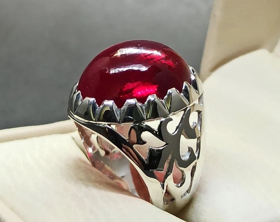 Cabochon Deep Red Ruby Men’s Ring 925 Sterling Silver Handmade Yakoot Rubin - Image 2 of 4