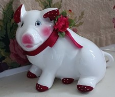 Ceramic White Pig with Red Accents, Ribbon Flowers. Sweet Country Piglet
